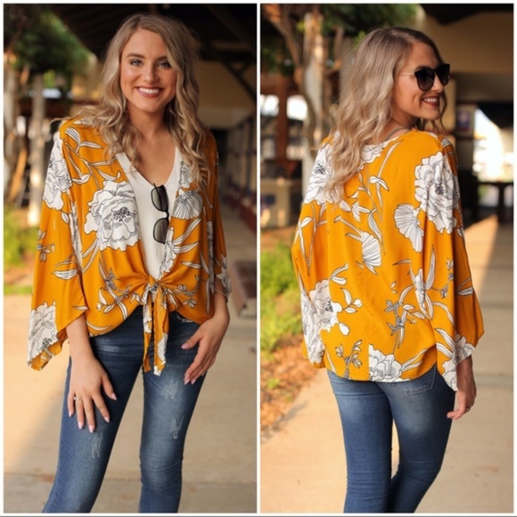 LAST ONE! Mustard Floral Tie Front Tunic - Picture 2 of 4